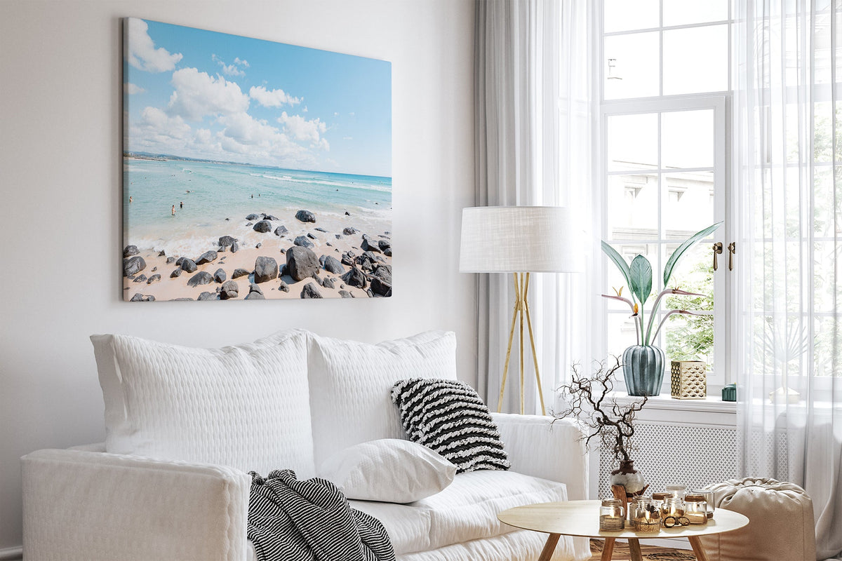 Rock Pool Shallows print shown as a canvas print in a white room.