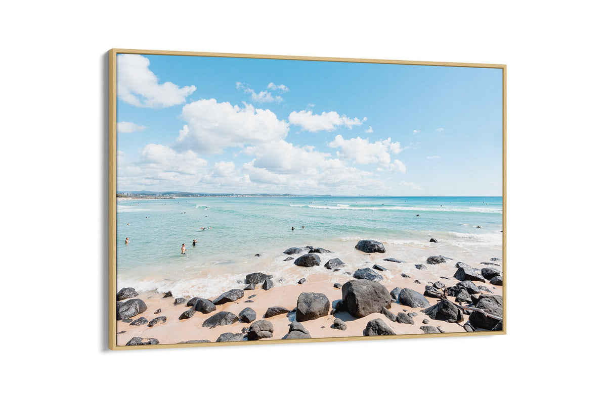 Rock Pool Shallows print shown as a canvas in an oak float frame.