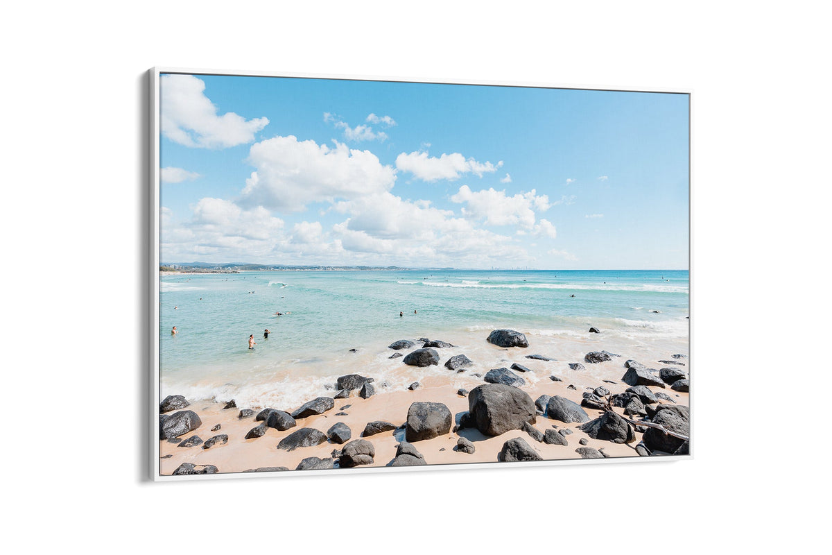 Rock Pool Shallows print shown as a canvas in a white float frame.
