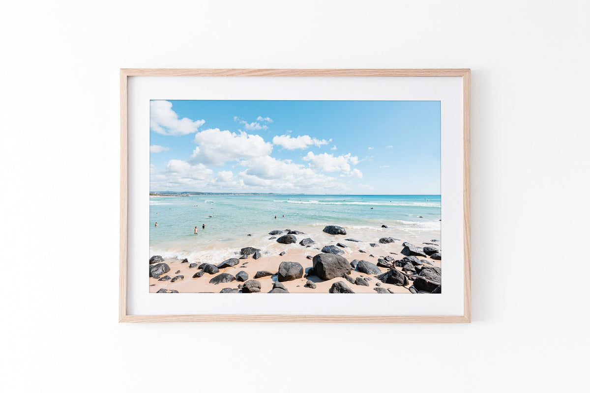 Rock Pool Shallows print shown framed in oak.