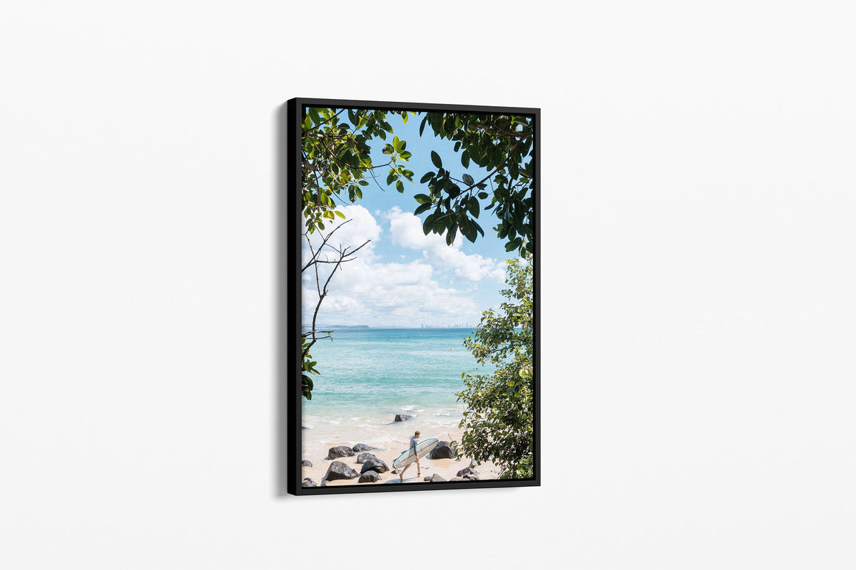 Surfer's Path print shown as a canvas in a black float frame.