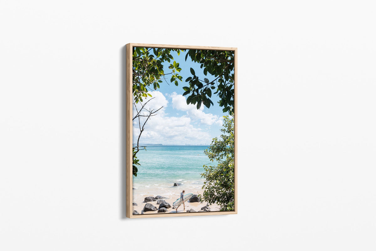 Surfer's Path print shown as a canvas in an oak float frame.