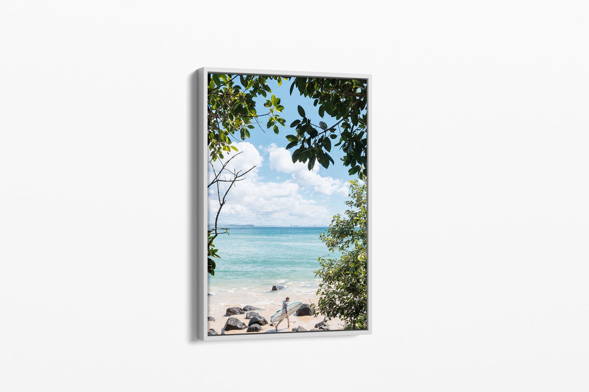 Surfer's Path print shown as a canvas in a white float frame.