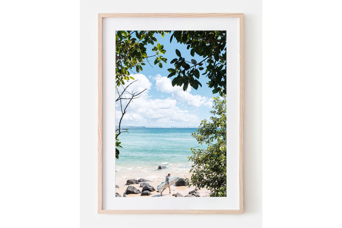 Surfer's Path print shown framed in oak with a white mat.