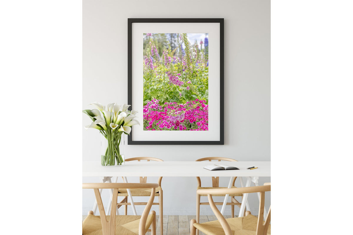 Foxglove garden print shown framed in black.