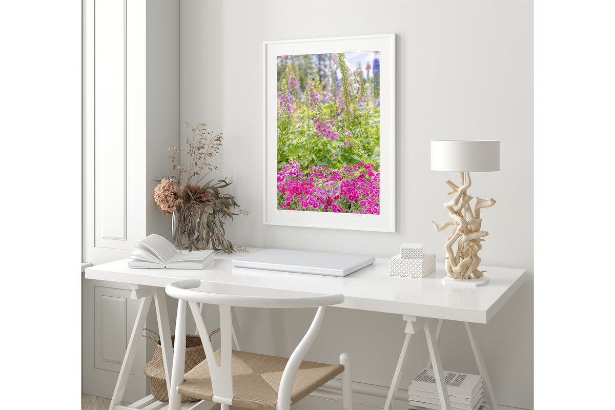 Foxglove garden print shown framed in white.