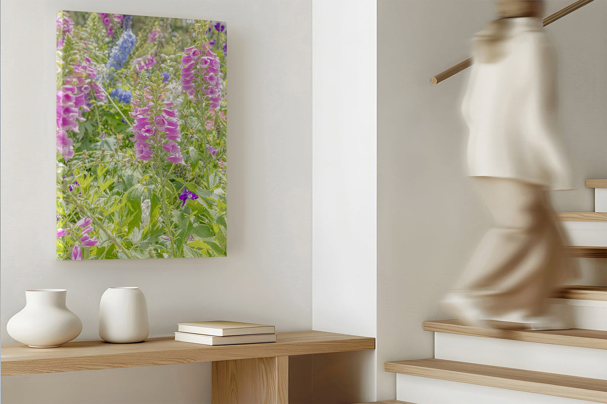 Foxglove and delphinium print shown as a canvas print.