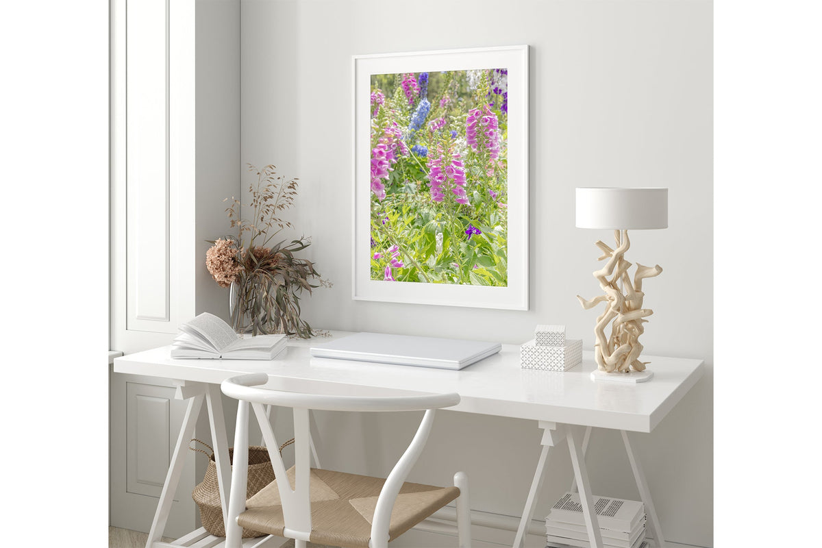 Foxglove and delphinium print shown framed in white.