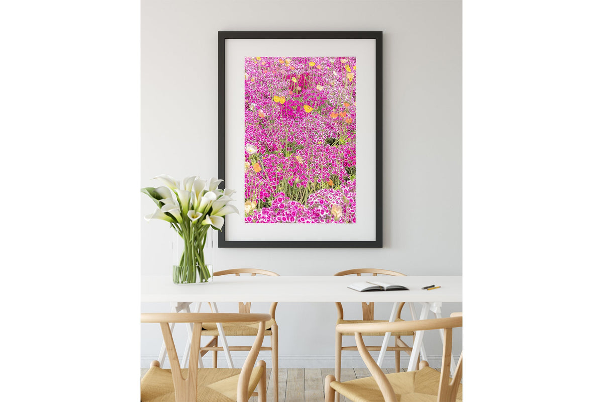 Sweet William carpet print shown framed in black.
