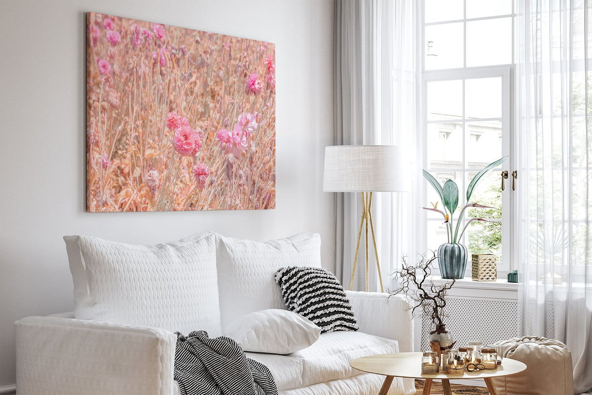 Faded ranunculus field print shown as a canvas print in a white room.