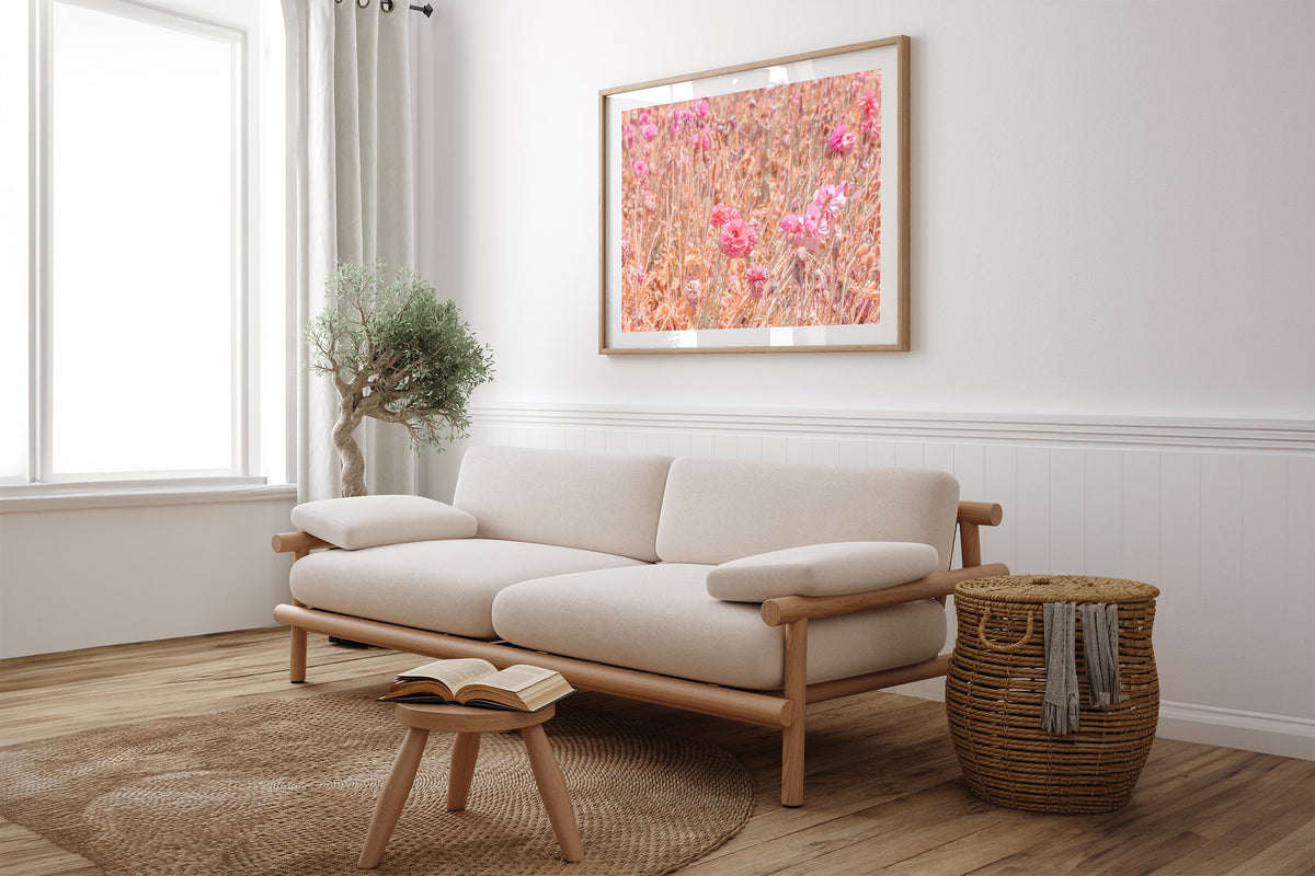Faded ranunculus field print shown framed in oak above a linen couch.
