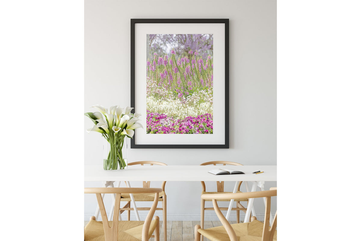 Foxglove garden layers print shown framed in black.