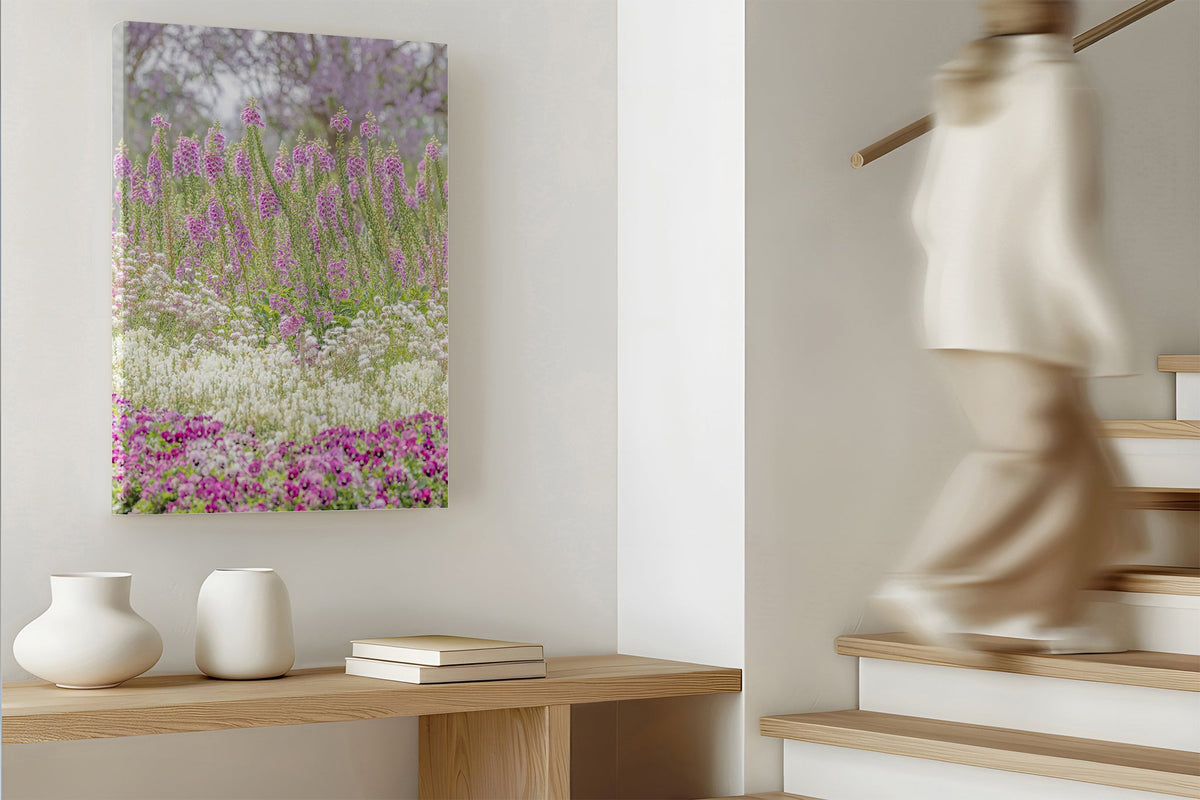 Foxglove garden layers print shown as a canvas print.