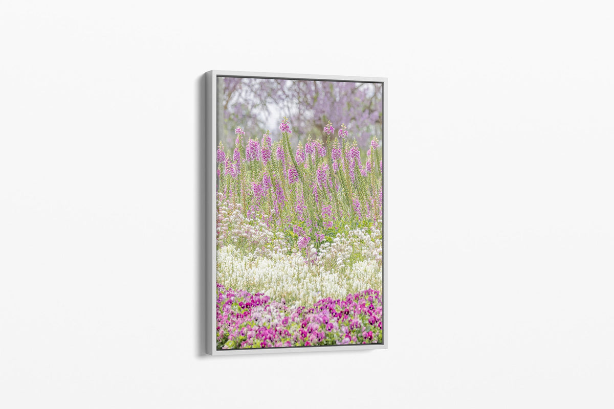 Foxglove garden layers print shown as a canvas in a white float frame.