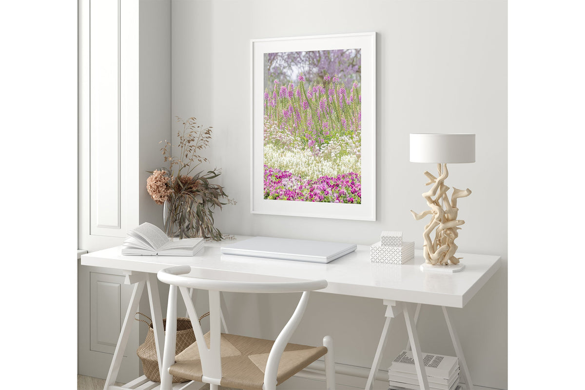 Foxglove garden layers print shown framed in white.