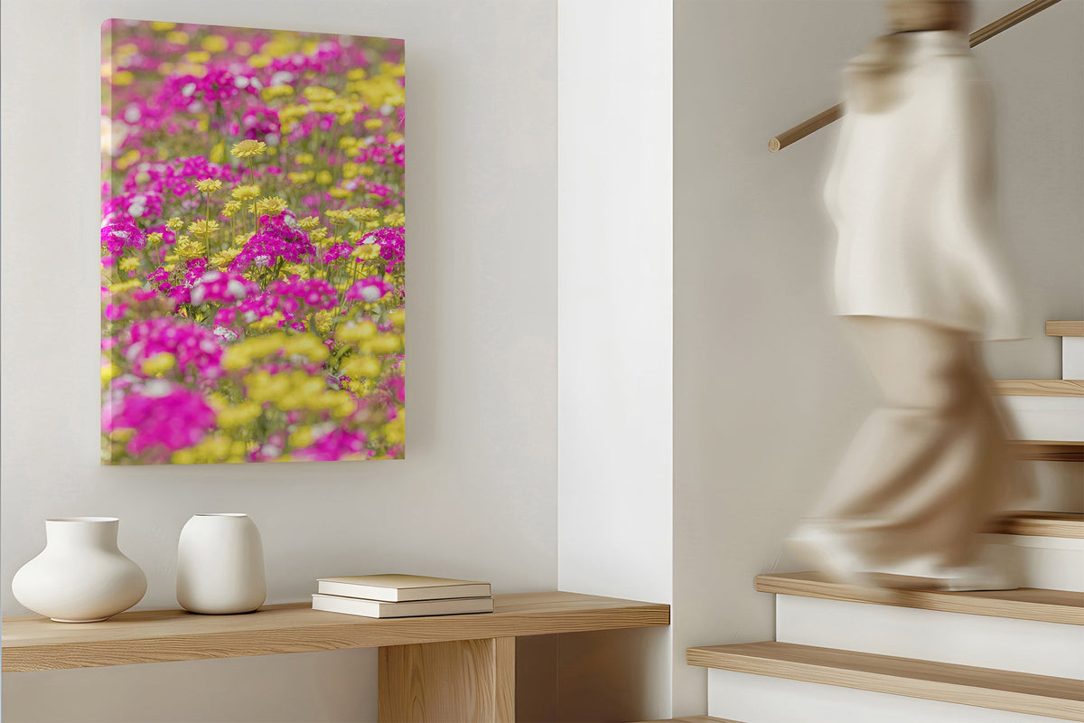 Pink and yellow meadow print shown as a canvas print.