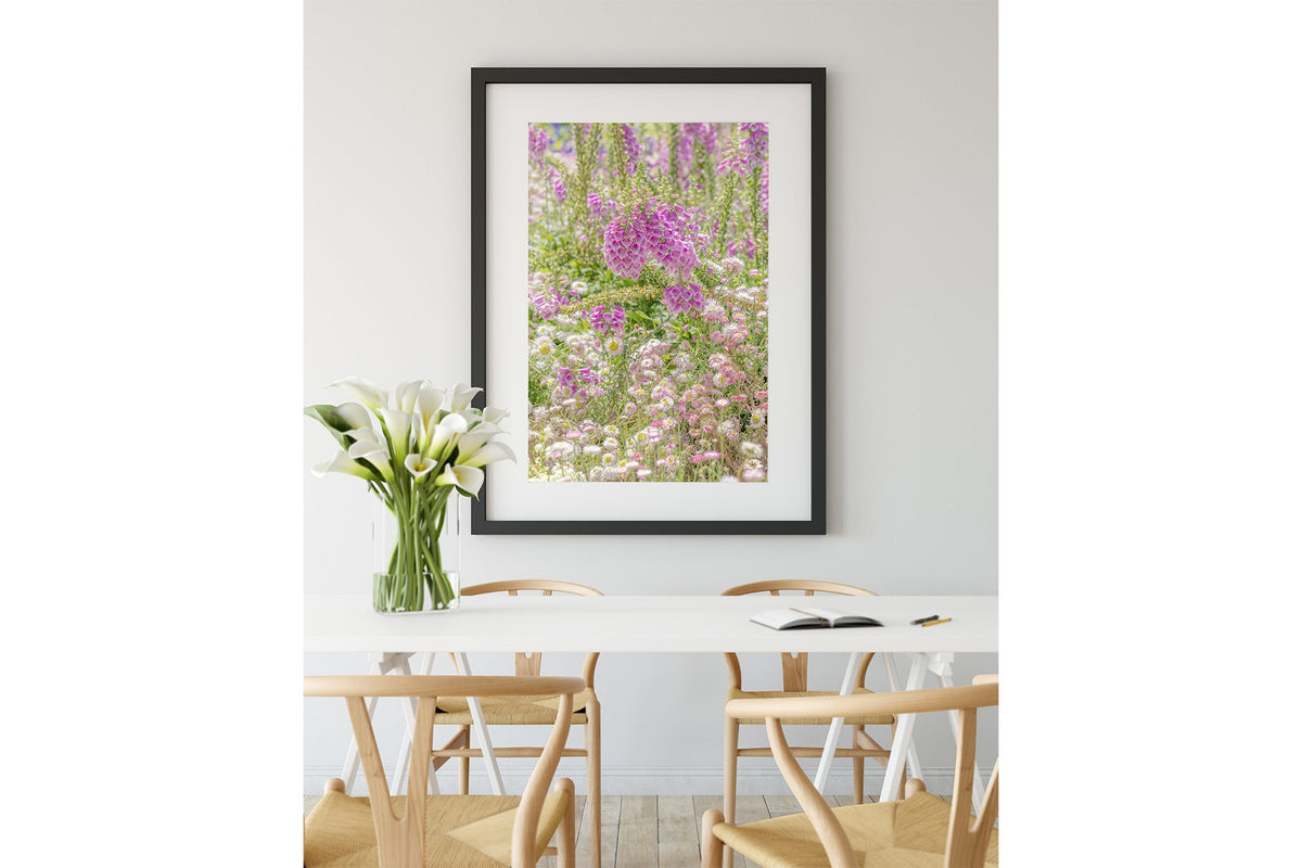 Foxglove meadow print shown framed in black.