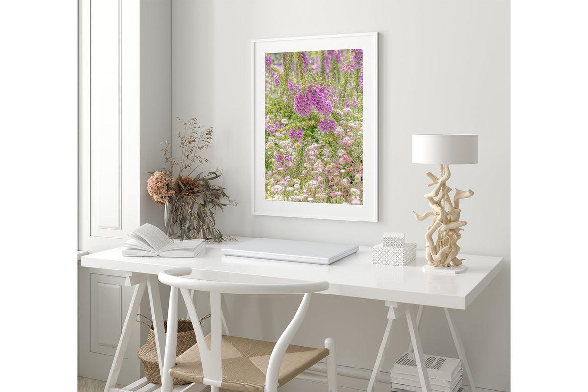 Foxglove meadow print shown framed in white.
