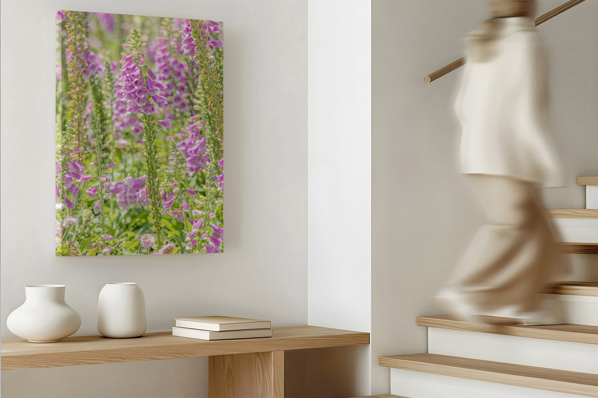 Lilac foxglove print shown as a canvas print.