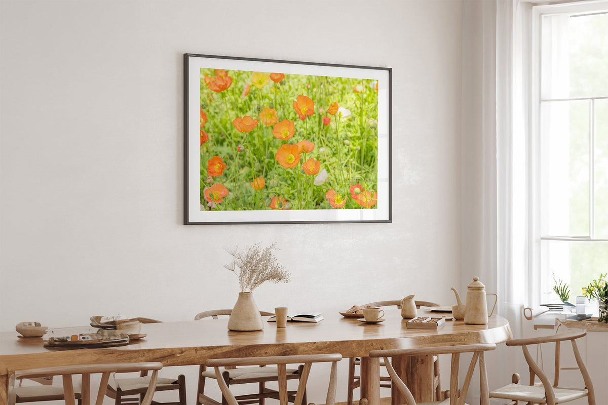 Orange poppy meadow print shown framed in black above an oak table.