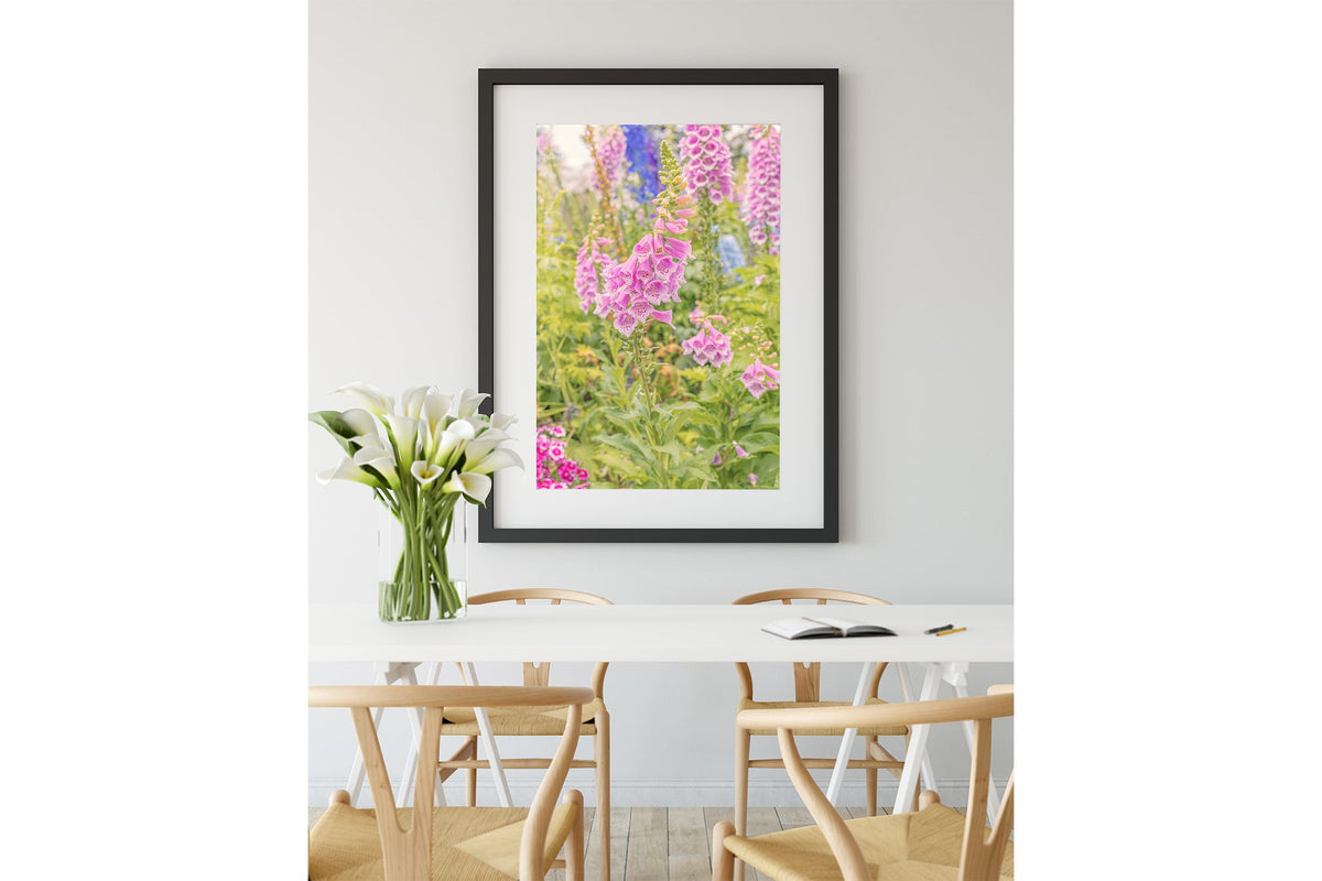 Foxglove light print shown framed in black.