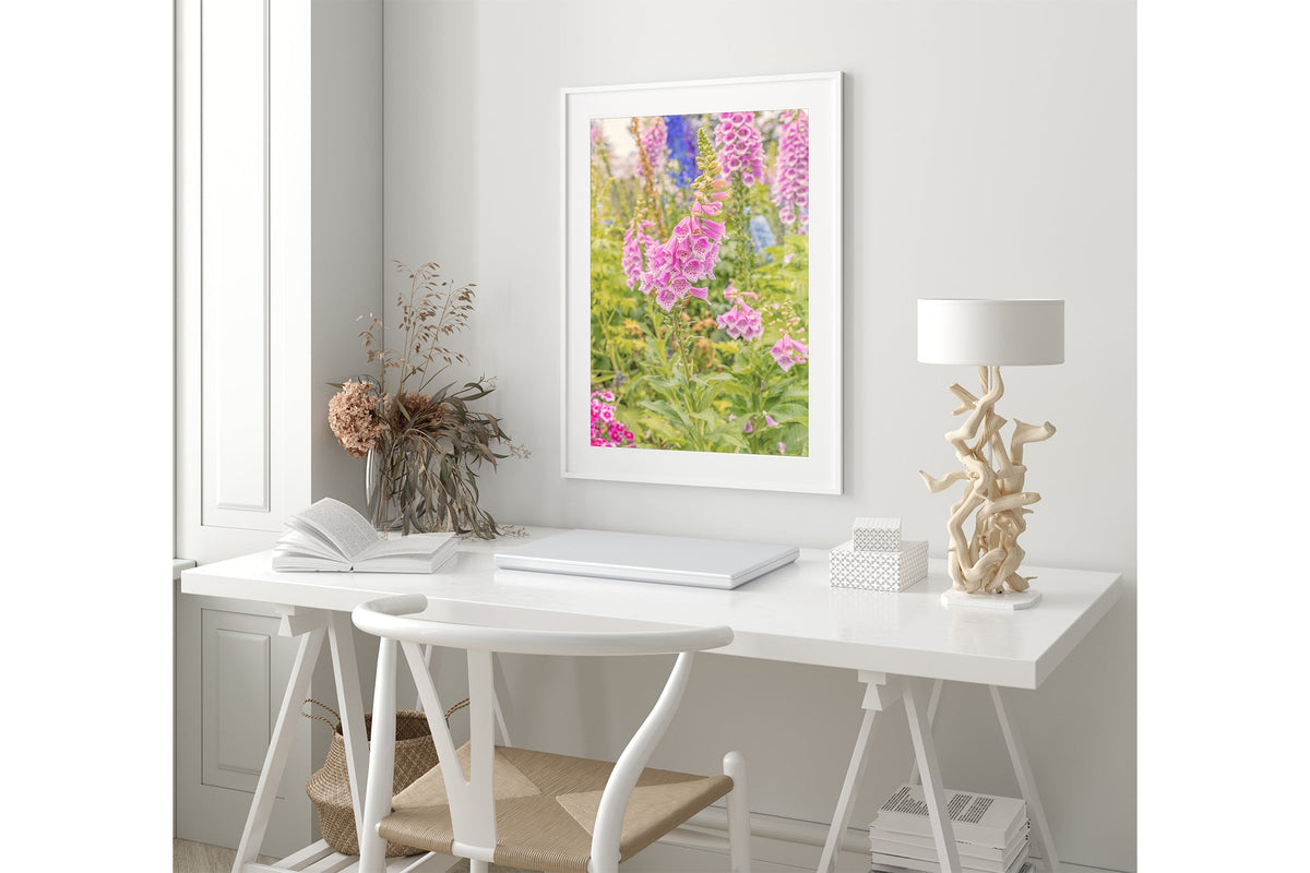 Foxglove light print shown framed in white.