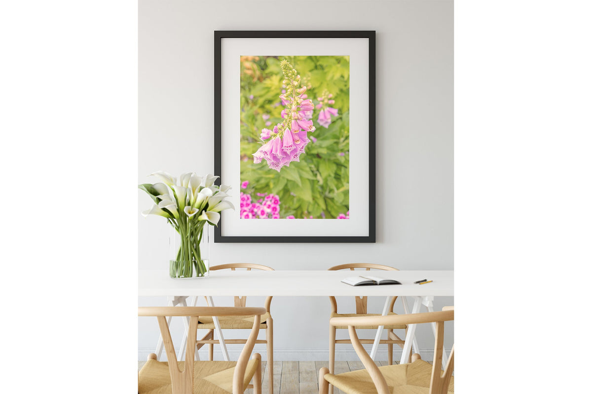 Foxglove bells print shown framed in black.