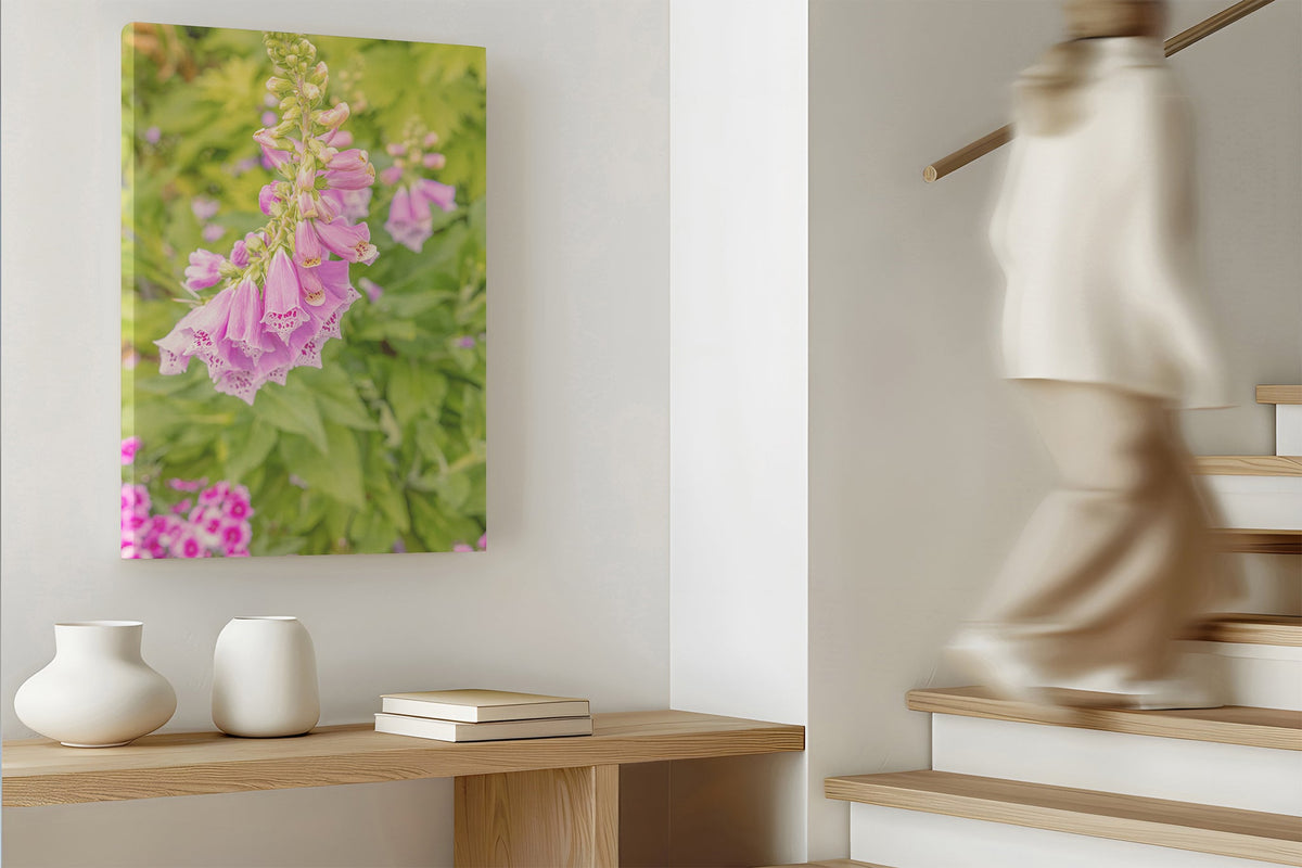Foxglove bells print shown as a canvas print.