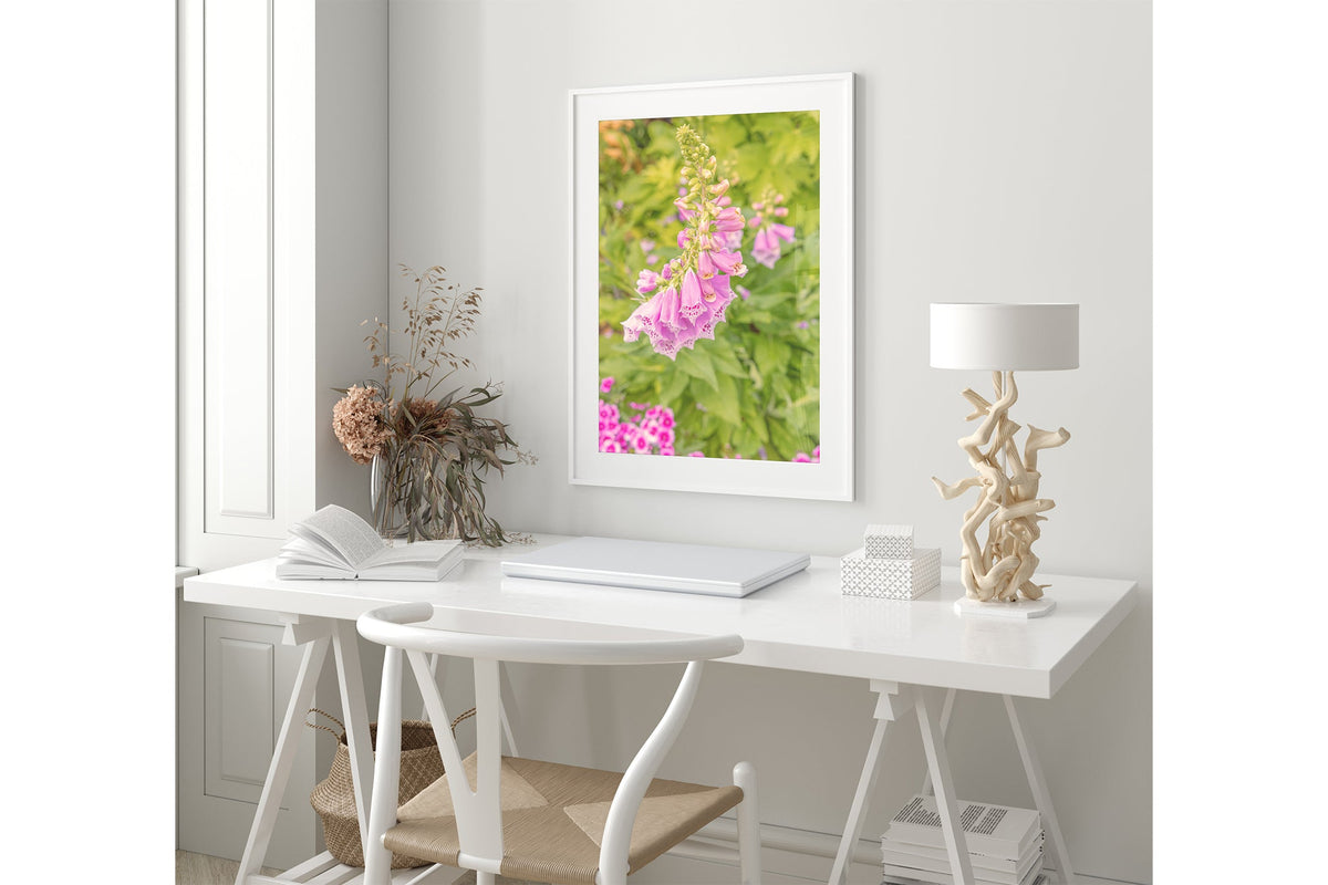 Foxglove bells print shown framed in white.