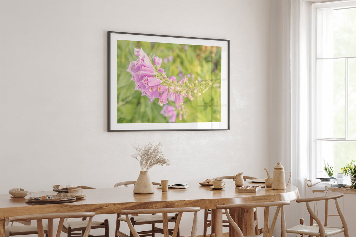 Arching foxglove print shown framed in black above an oak table.