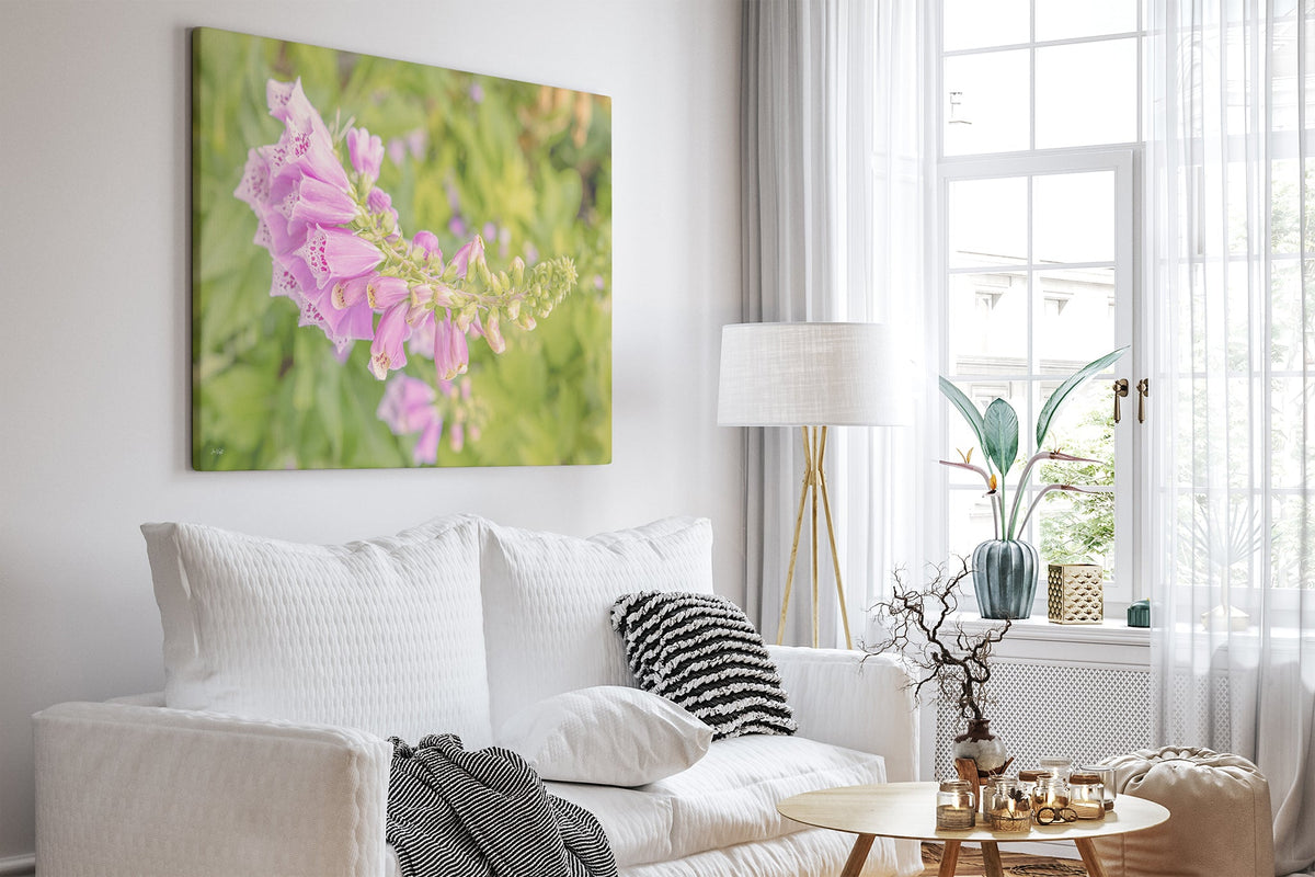 Arching foxglove print shown as a canvas print in a white room.