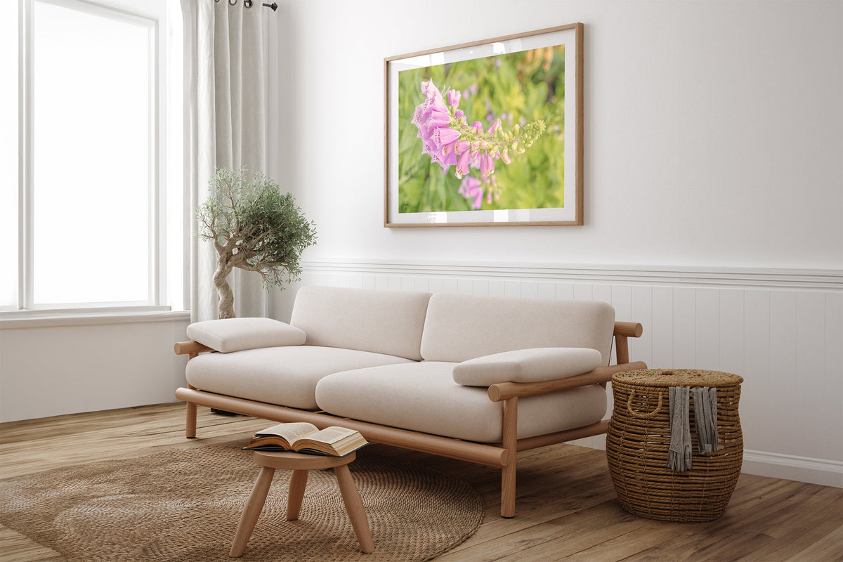 Arching foxglove print shown framed in oak above a linen couch.
