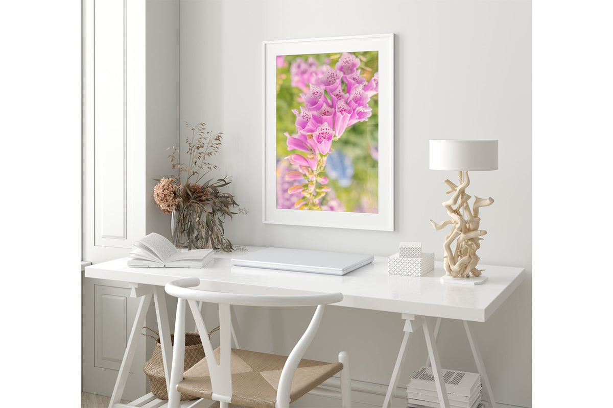 Spotted foxglove print shown framed in white.