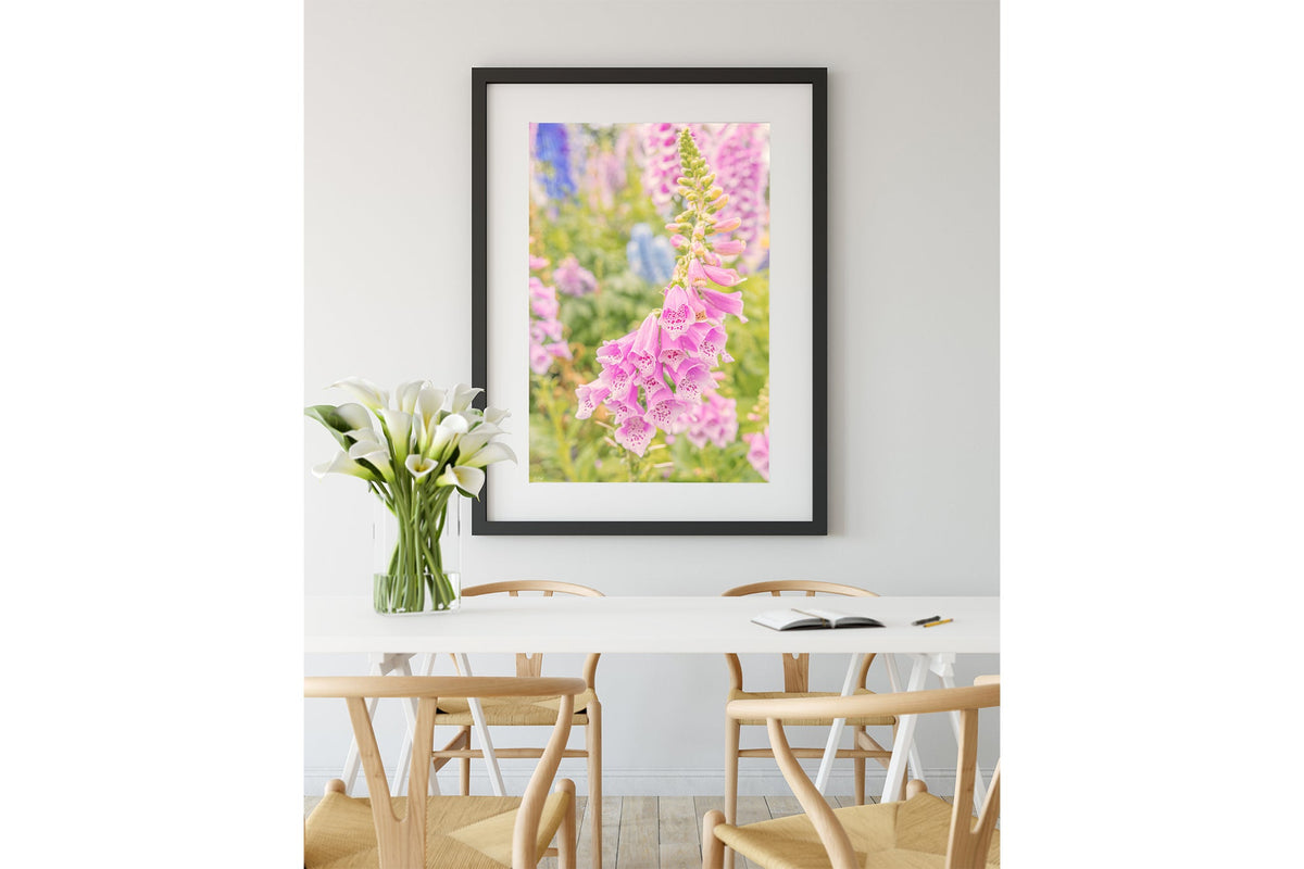 Cascading foxglove print shown framed in black.