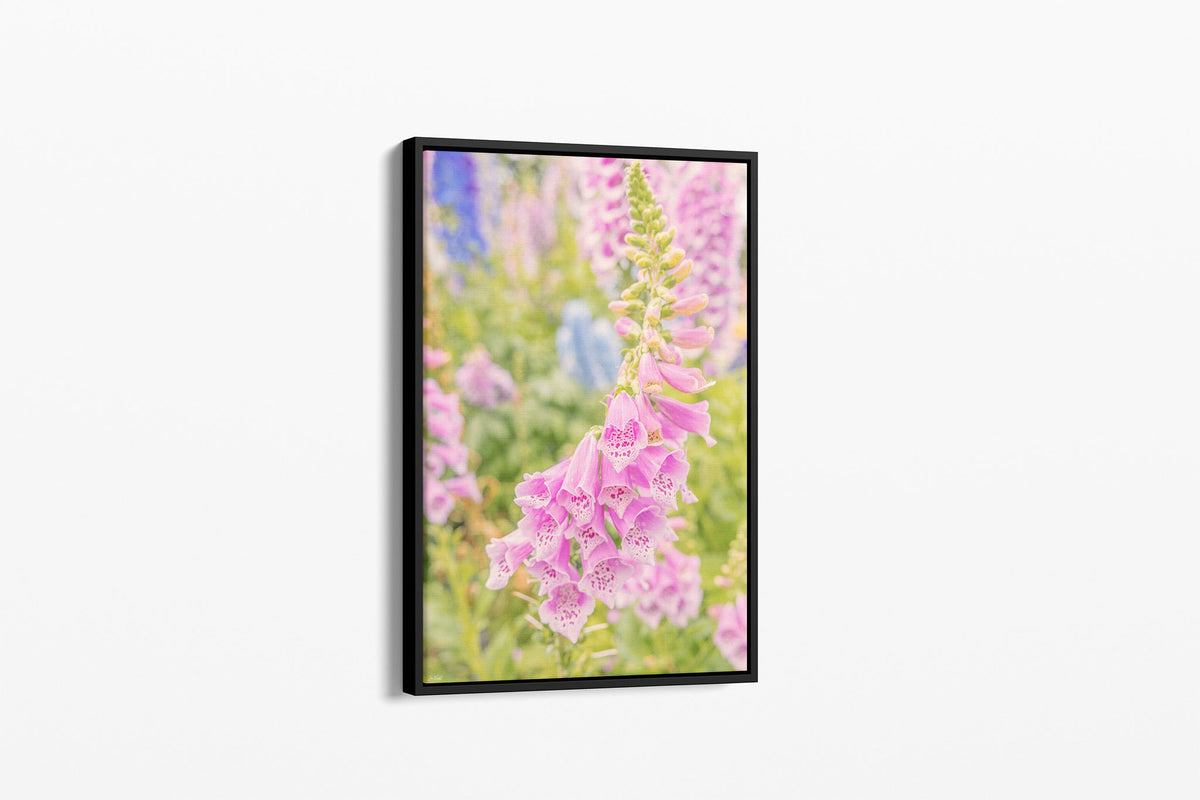 Cascading foxglove print shown as a canvas in a black float frame.