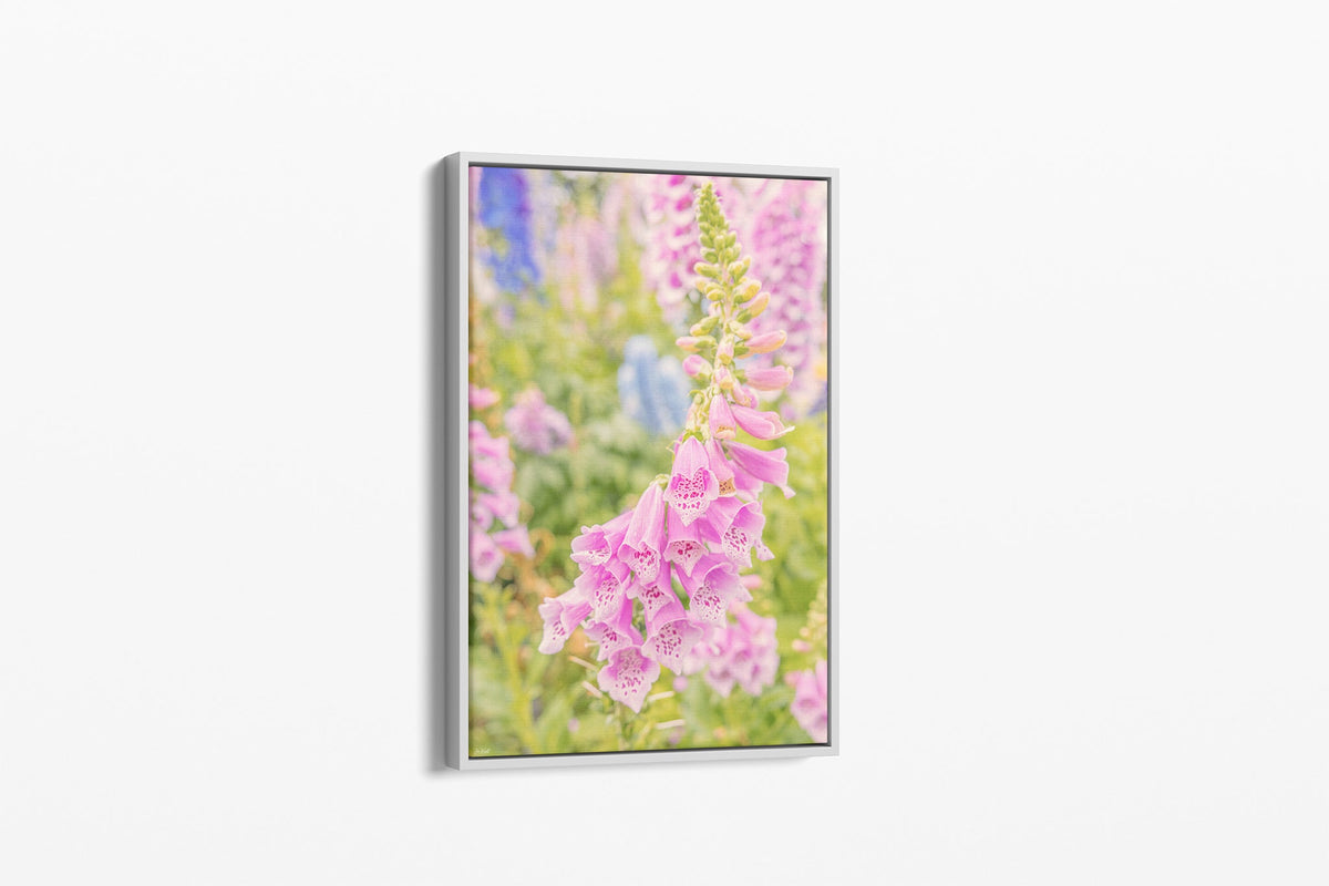 Cascading foxglove print shown as a canvas in a white float frame.