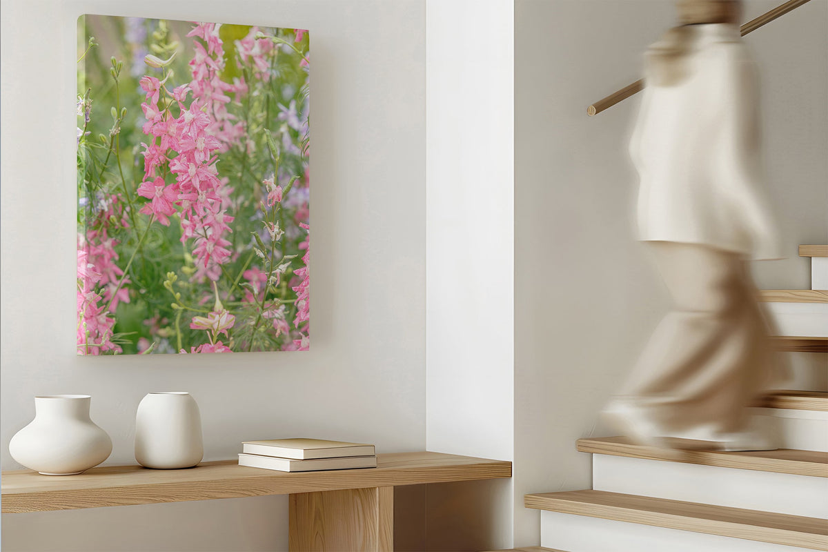 Pink larkspur print shown as a canvas print.
