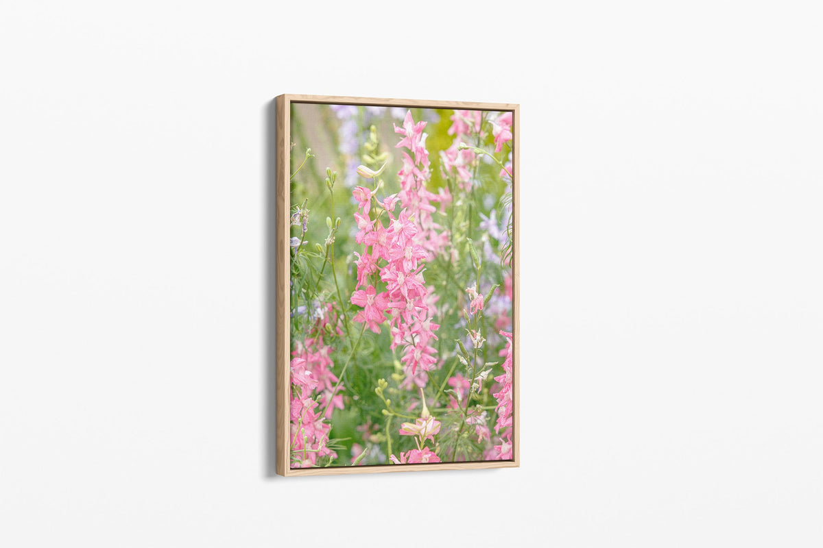 Pink larkspur print shown as a canvas in an oak float frame.