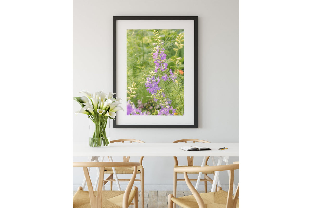 Lilac larkspur print shown framed in black.