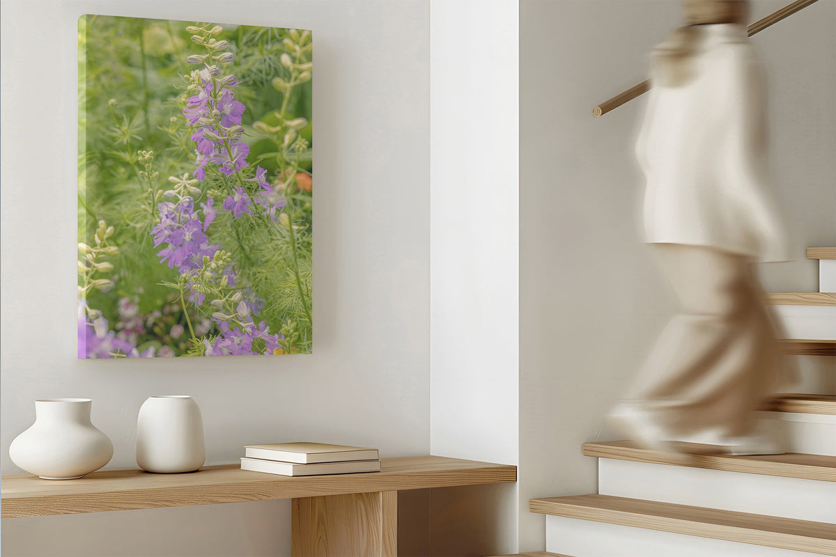 Lilac larkspur print shown as a canvas print.