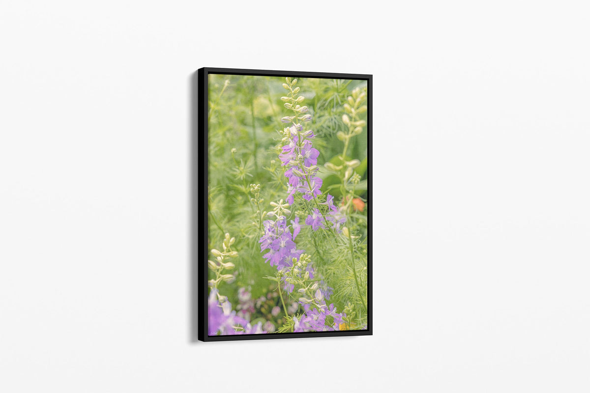 Lilac larkspur print shown as a canvas in a black float frame.