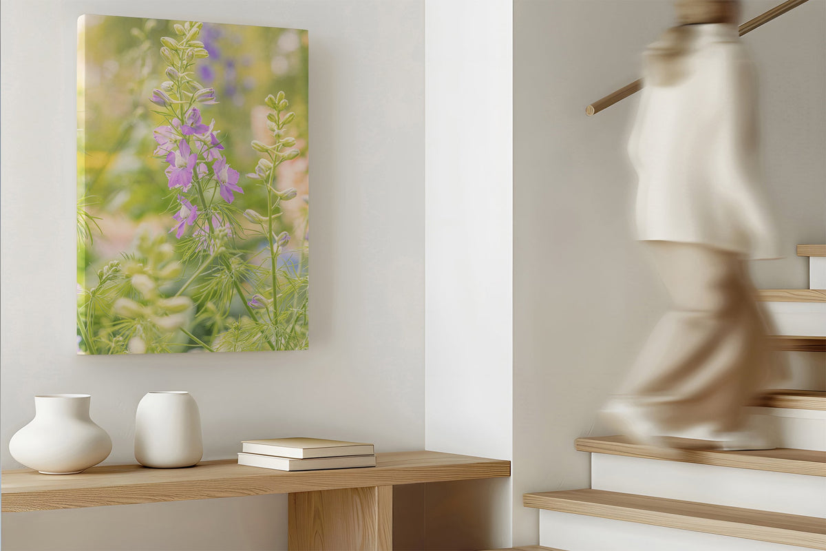 Glowing larkspur print shown as a canvas print.