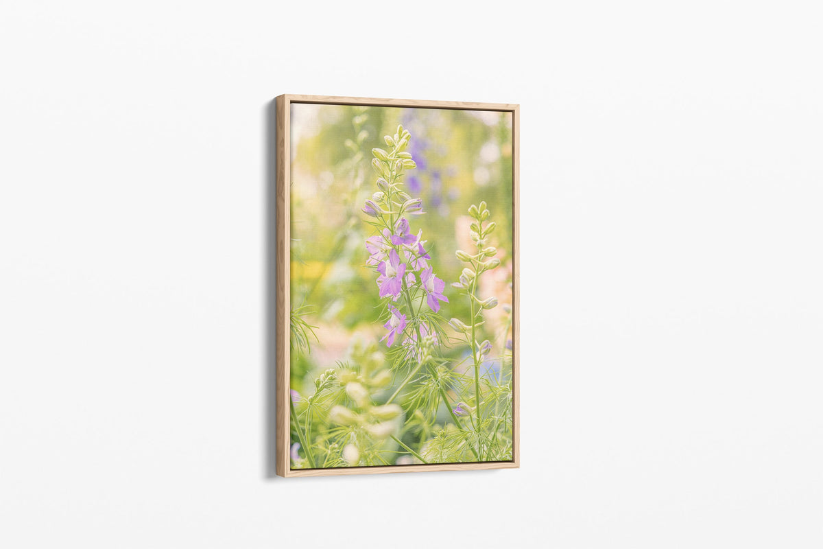 Glowing larkspur print shown as a canvas in an oak float frame.