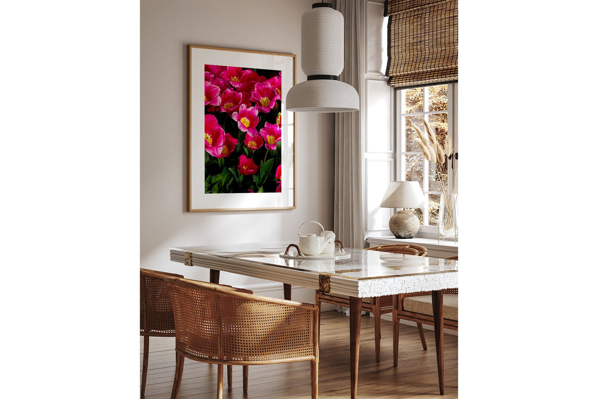 Pink tulip print shown framed in oak above a dining table.