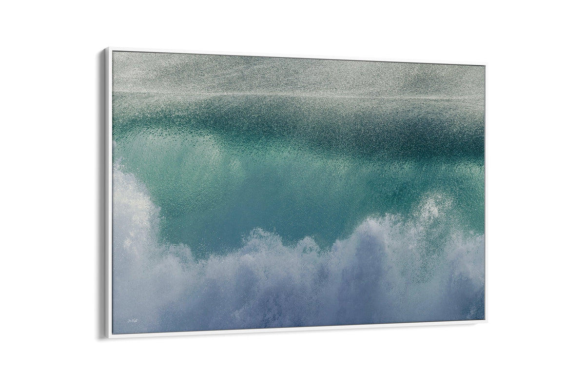 Aqua wave print shown as a canvas in a white float frame.