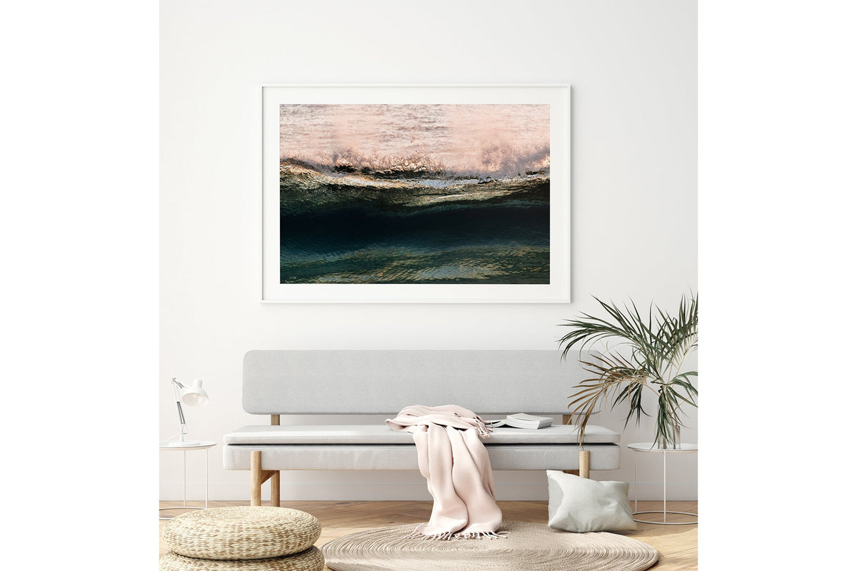 Rose Crest print shown framed in white above a bench seat.