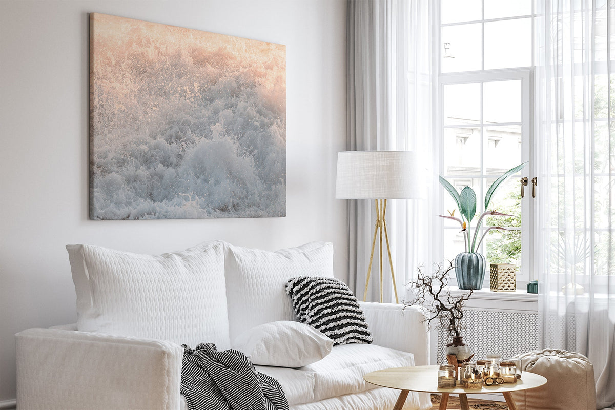 Peach Spray print shown as a canvas print in a white room.