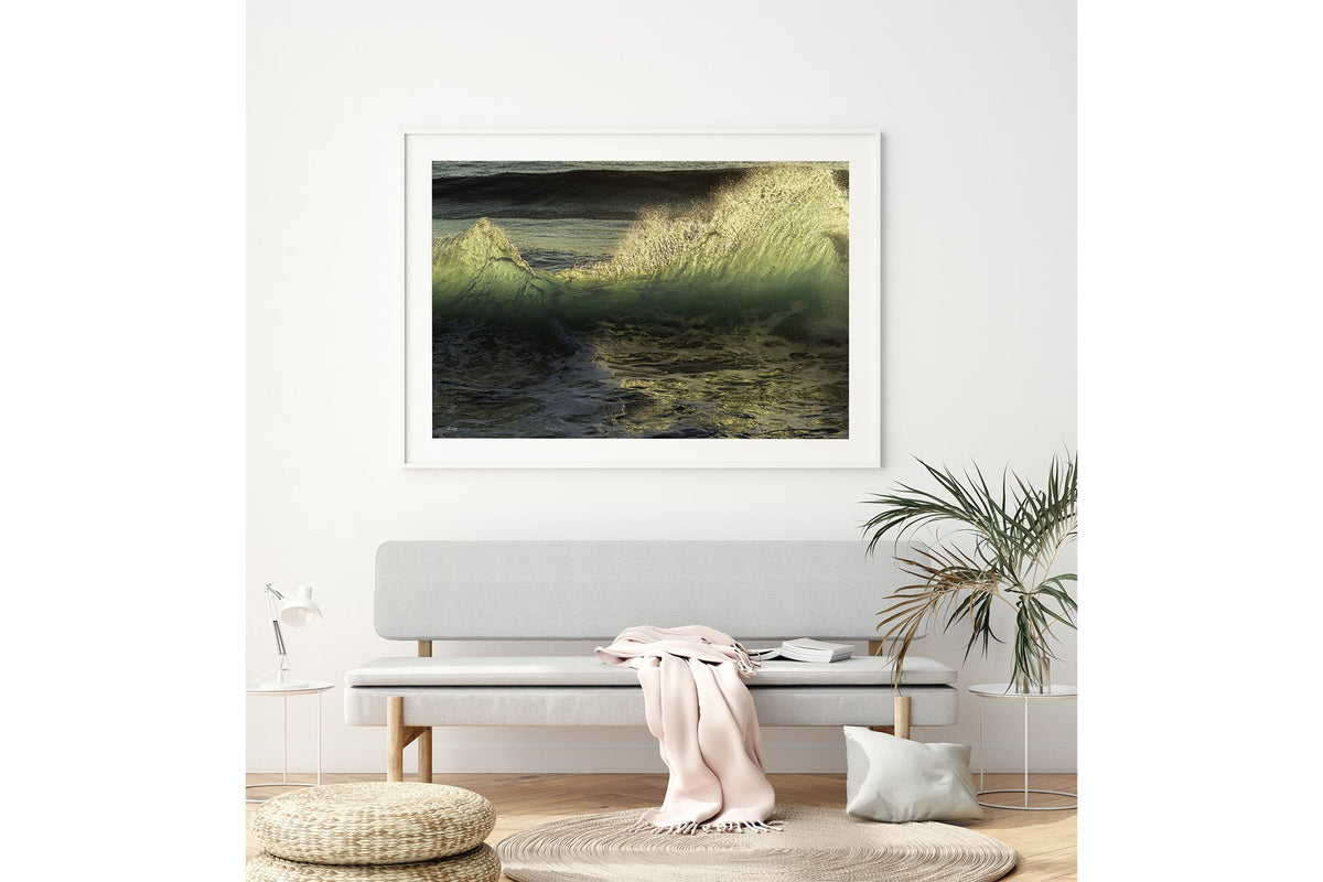 Emerald Crest print shown framed in white above a bench seat.