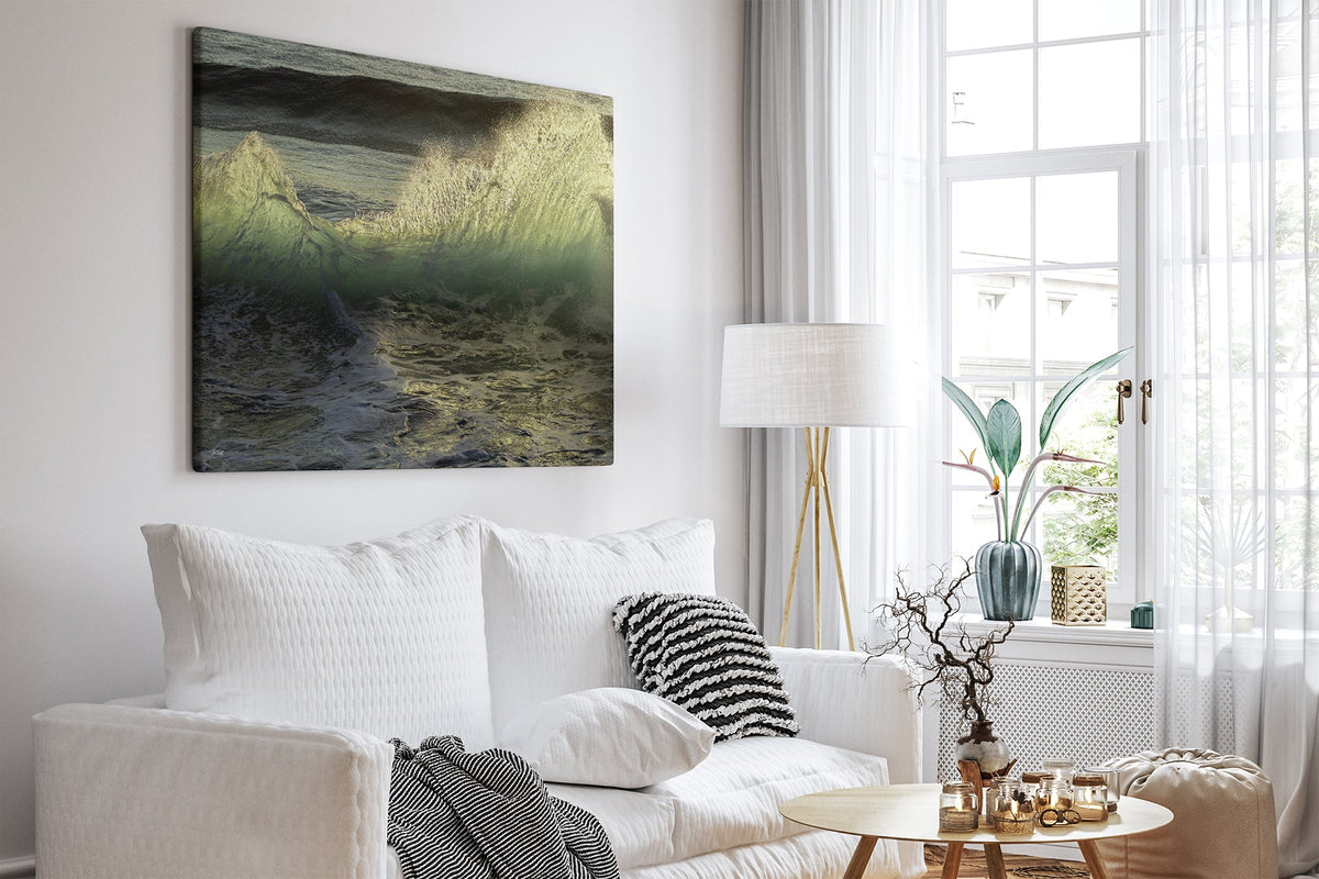 Emerald Crest print shown as a canvas print in a white room.