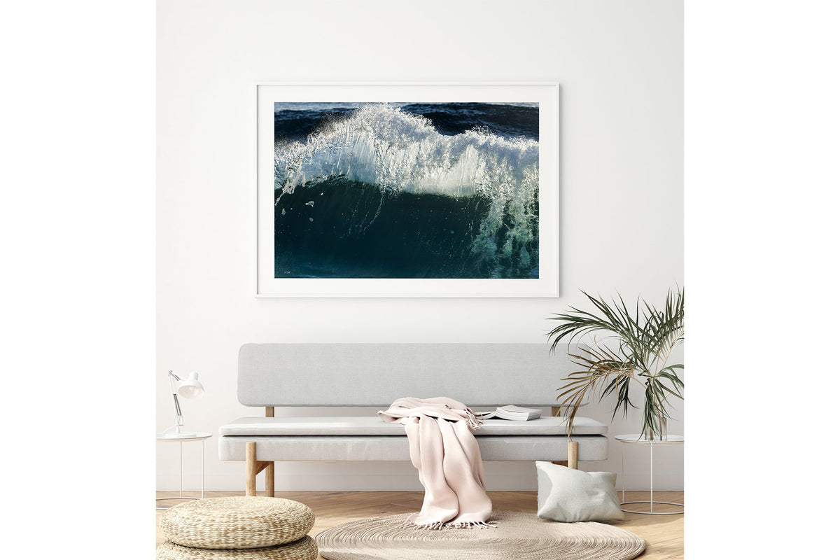Glacier Crest print shown framed in white above a bench seat.